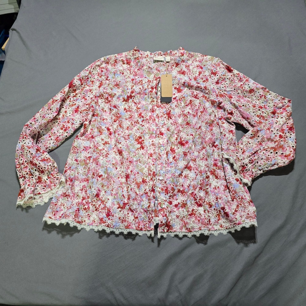 LOGO Lori Goldstein Blouse Women XL Pink Floral Eyelet Lace Trim Button Up Top
